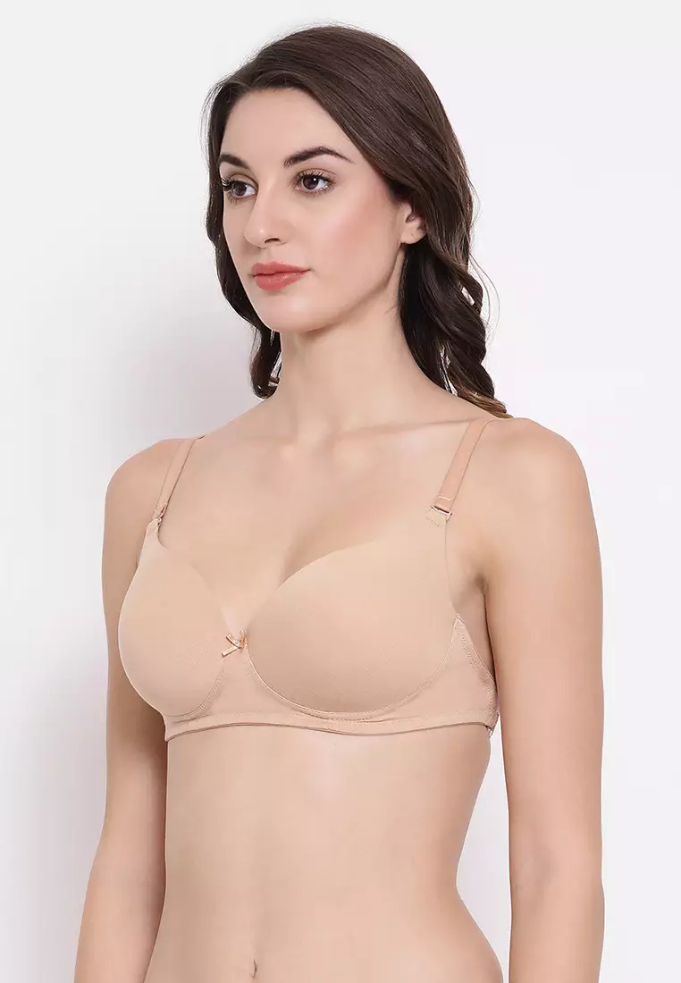 Clovia Invisi Lightly Padded Non-Wired Full Cup Multiway Backless T-Shirt Bra in Nude Colour - Cotton Rich