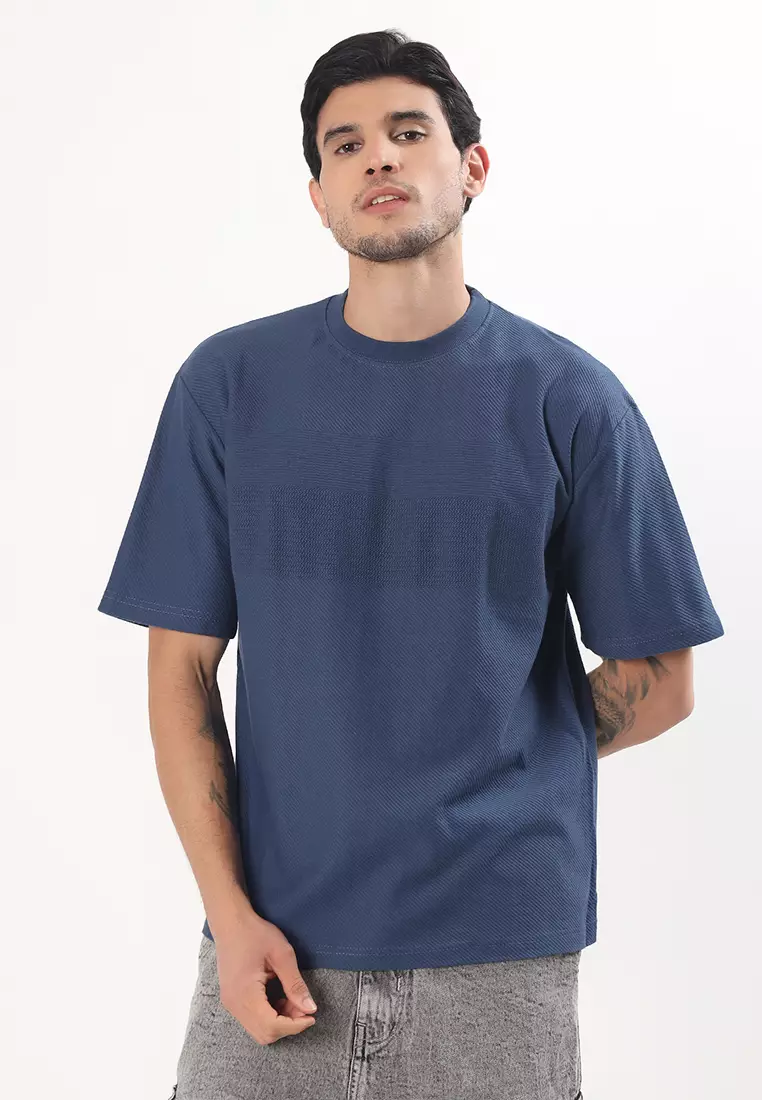 纹理蓝色棉质宽松T恤/T恤衫，圆领，短袖，休闲装、运动装、街头服饰