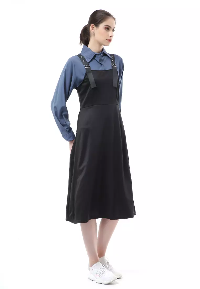 Nayra One Set Setelan Kemeja Dress Kodok Wanita Lengan Panjang Material Sutra ORIGINAL - Blue