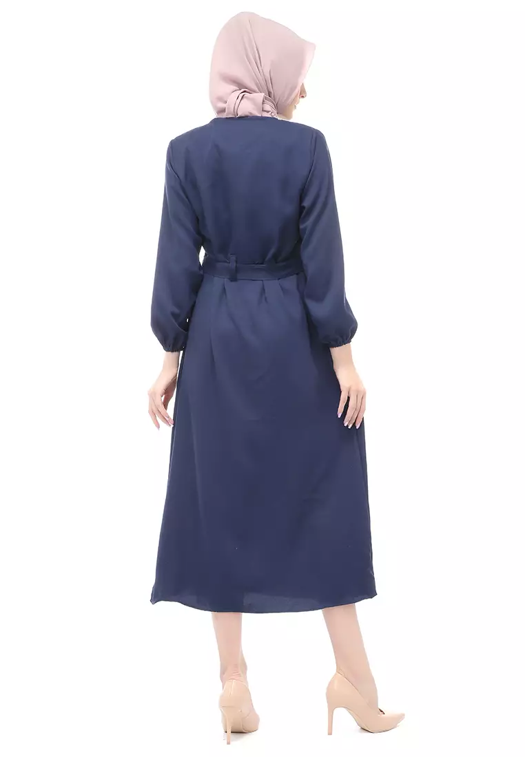 Berliana Gamis Muslimah Wanita With Belt Motif Polos Long Sleeve Relaxed Fit - Navy