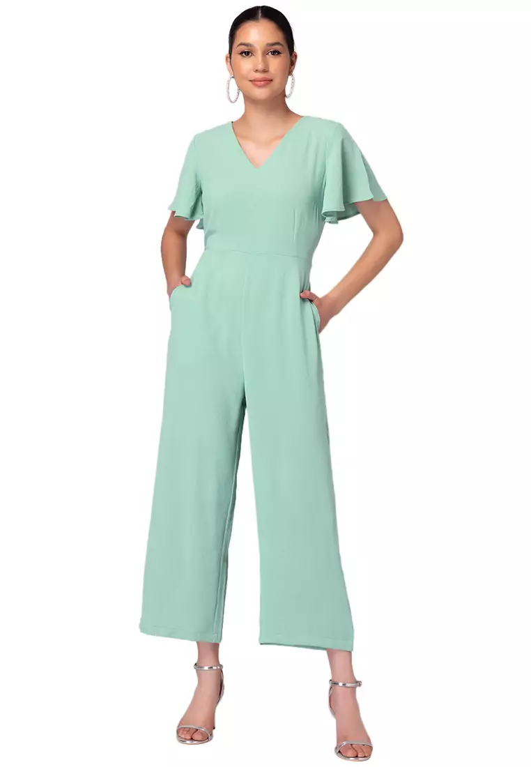 5400009 Green Cutout Back Flared Jumpsuit