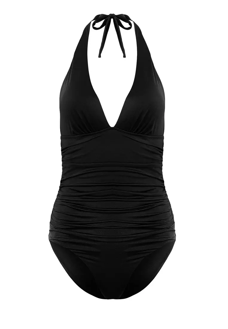 Black V Neck Compression Regular Swimsuit Tbess24Ma00073