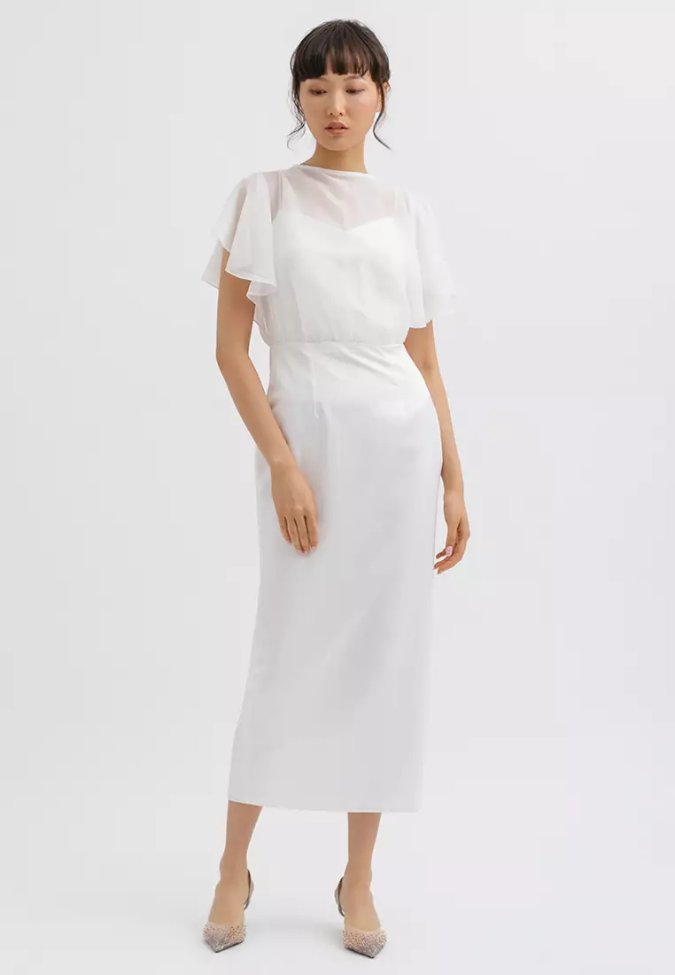 High Neck Drapery Sleeve Midi Dress in White