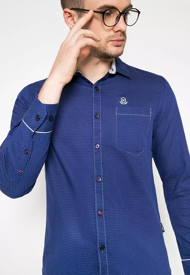 Johnwin - Kemeja Casual - Kemeja Pria - Biru - Titik Putih - ASH.670.K871.670.C L/S