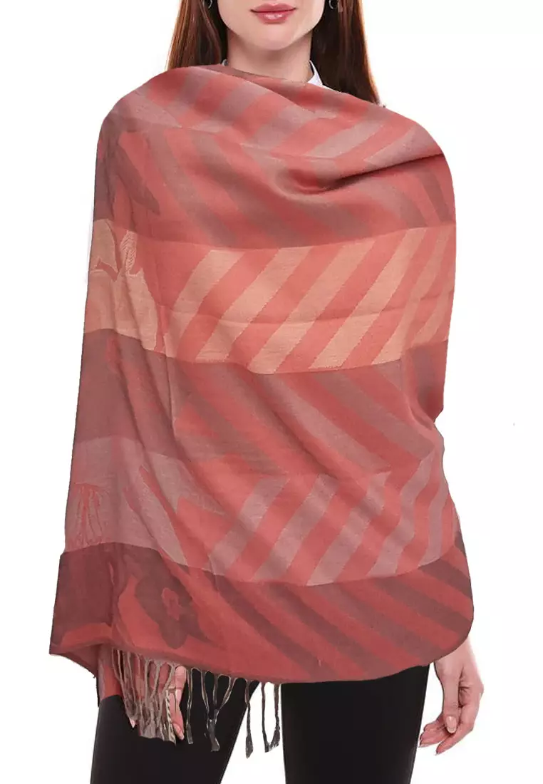 Aksesoris Wanita Viscose Zig Zag Flora Pattern Pashmina Shawl Syal Wanita Salmon