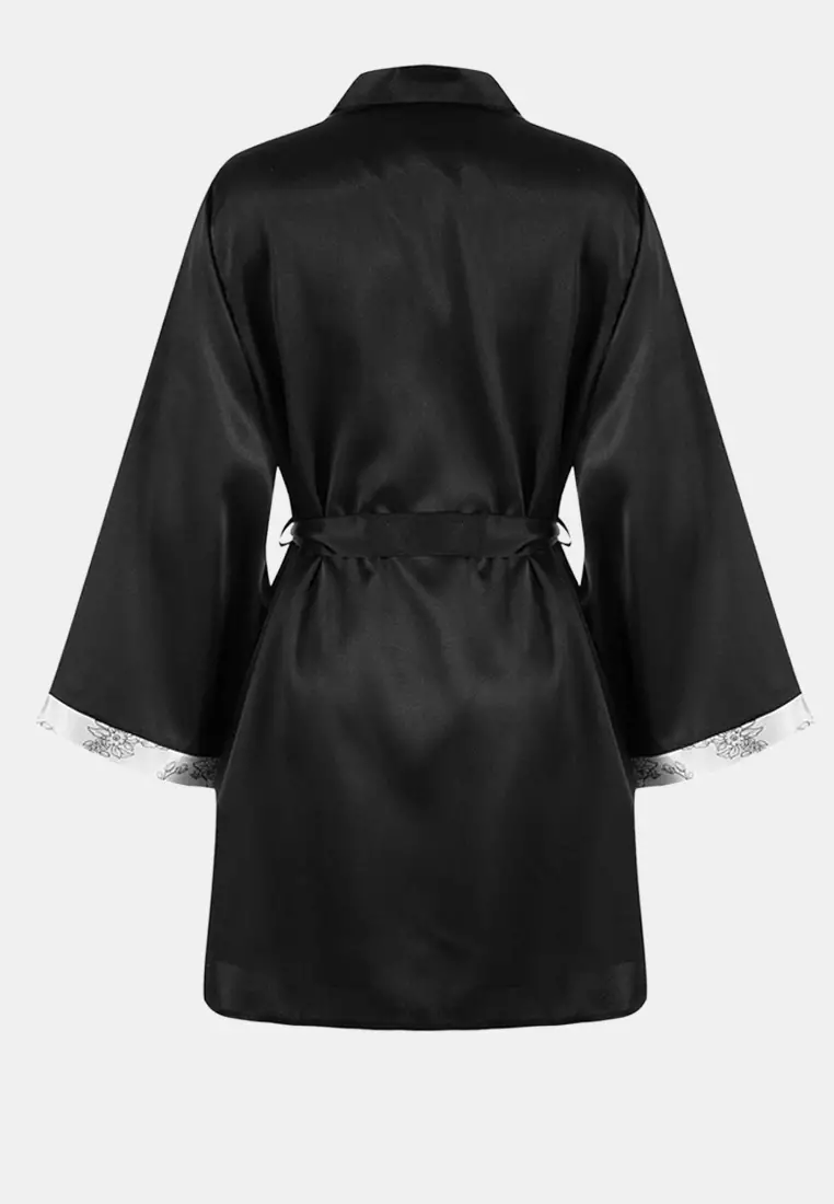 Black-White 2'Li Dowry Set Floral Lace Detailed Satin Woven Dressing Gown + Nightgown Thmss25Gc32