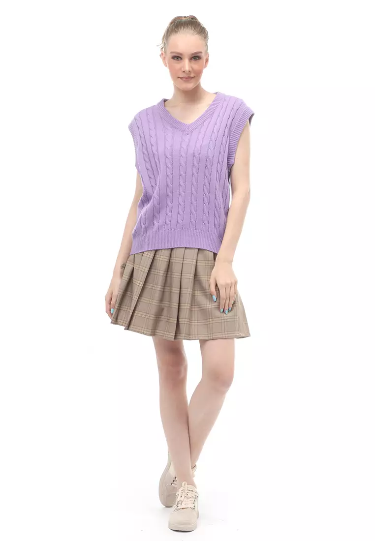 Urice Vest Rajut Atasan Wanita V-neck Sleeves Design Elegant - Lilac