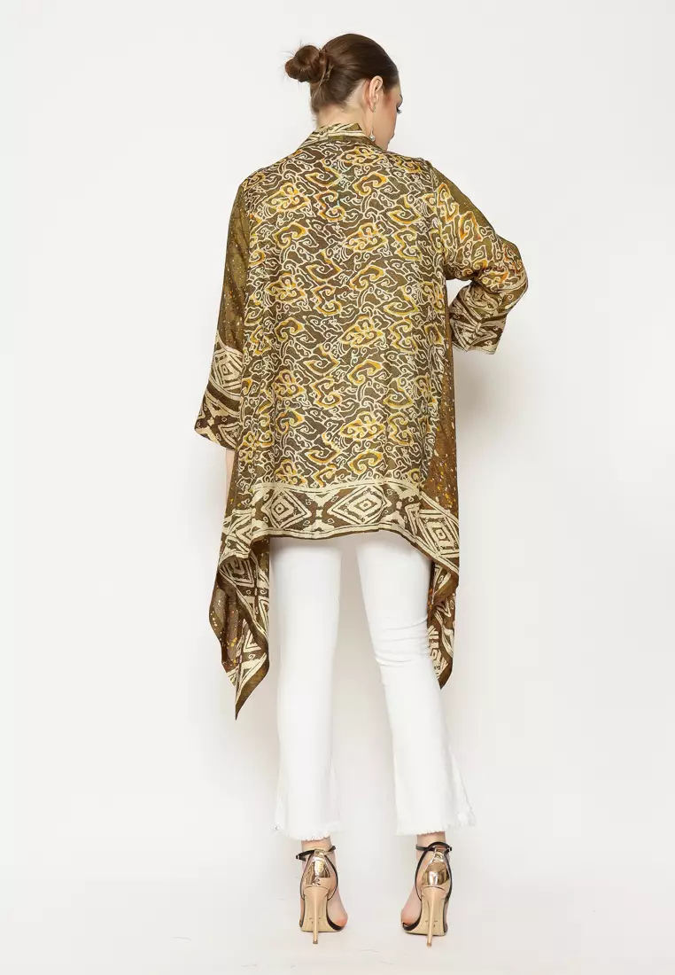 Rinjanie Batik - Bolero Ayam - Bolero Asimetris Olive Green - Outer Batik Modern - Outer Batik Wanita - Outer batik kekinian - Batik Cap Mix - JMWN-HO
