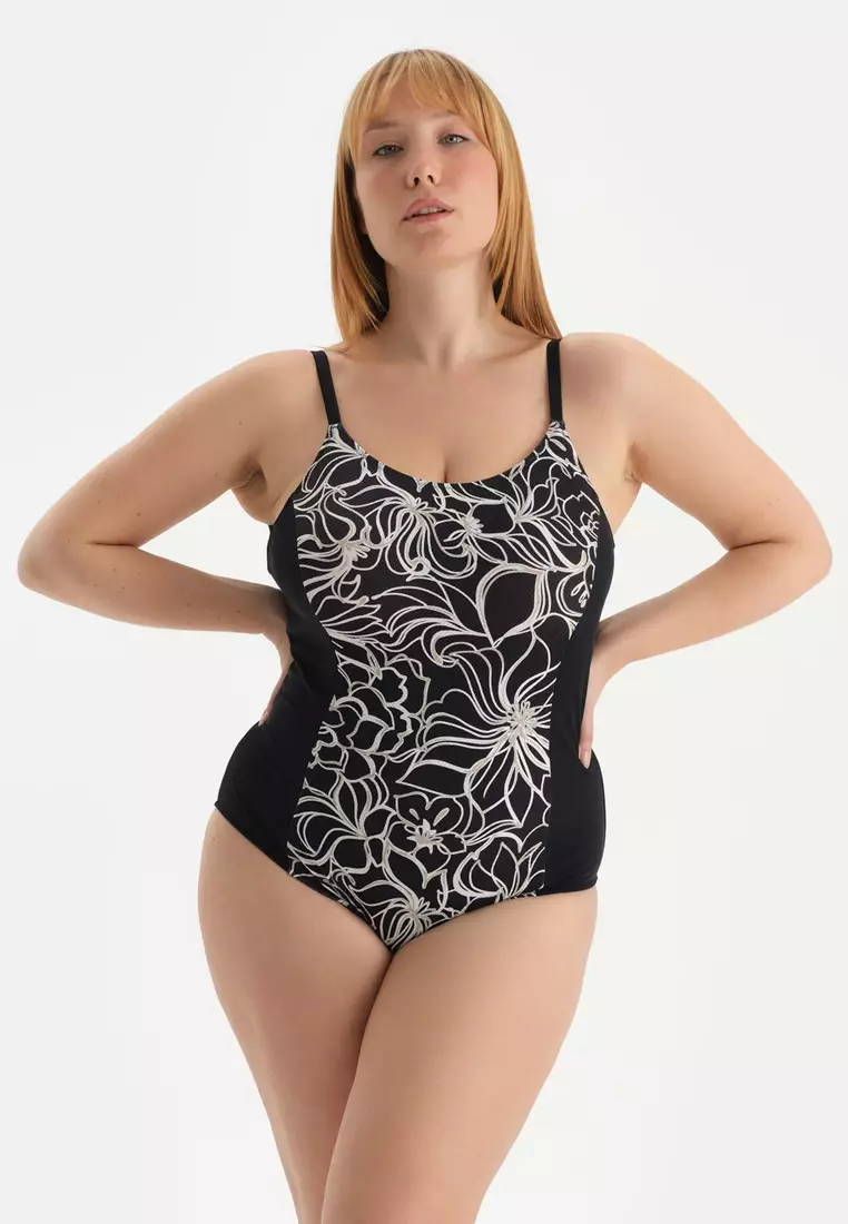 White-Black Minimizer Swimsuit, Flower Printed, Minimizer, Full-Cup, Non-wired, Swimwear for Women