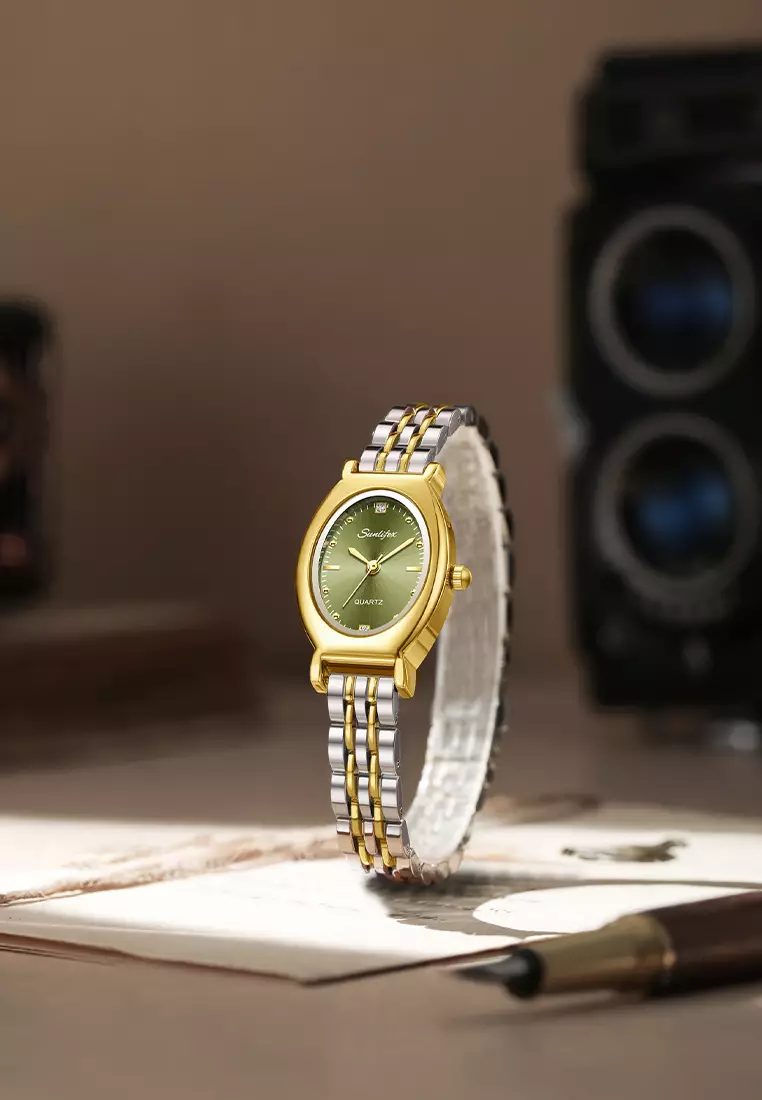 Jam Tangan Wanita Original Oval Korea Elegan Vintage Kuarsa Tali Alloy Jam Tangan CewekA008 gold green