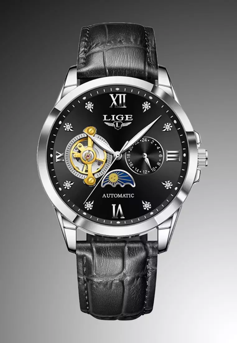 Unisex AUTOMATIC Stainless Steel Watch 42mm, Black Dial, 22mm Black Leather Strap