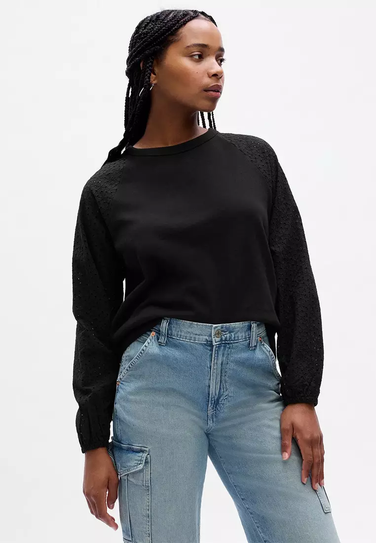 Long-Sleeve Eyelet Top with Mock Neckline