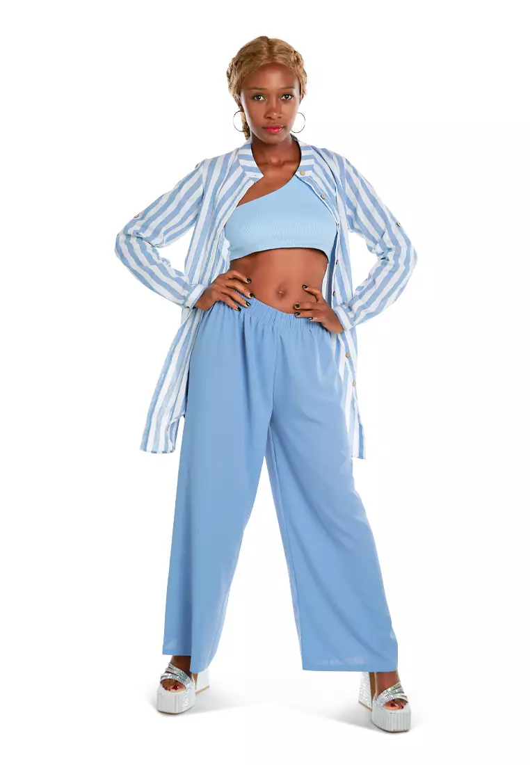 Blue High Waisted Solid Wide Trouser Pants