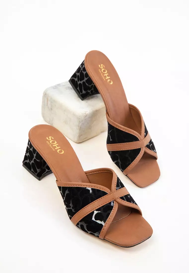 Tan-Black Women's Classic Heeled Shoes 20646