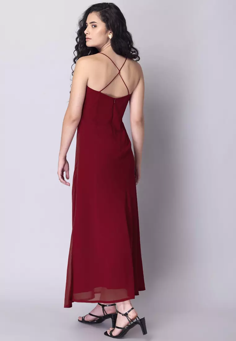 Red Noodle Strap Ruched Maxi Dress