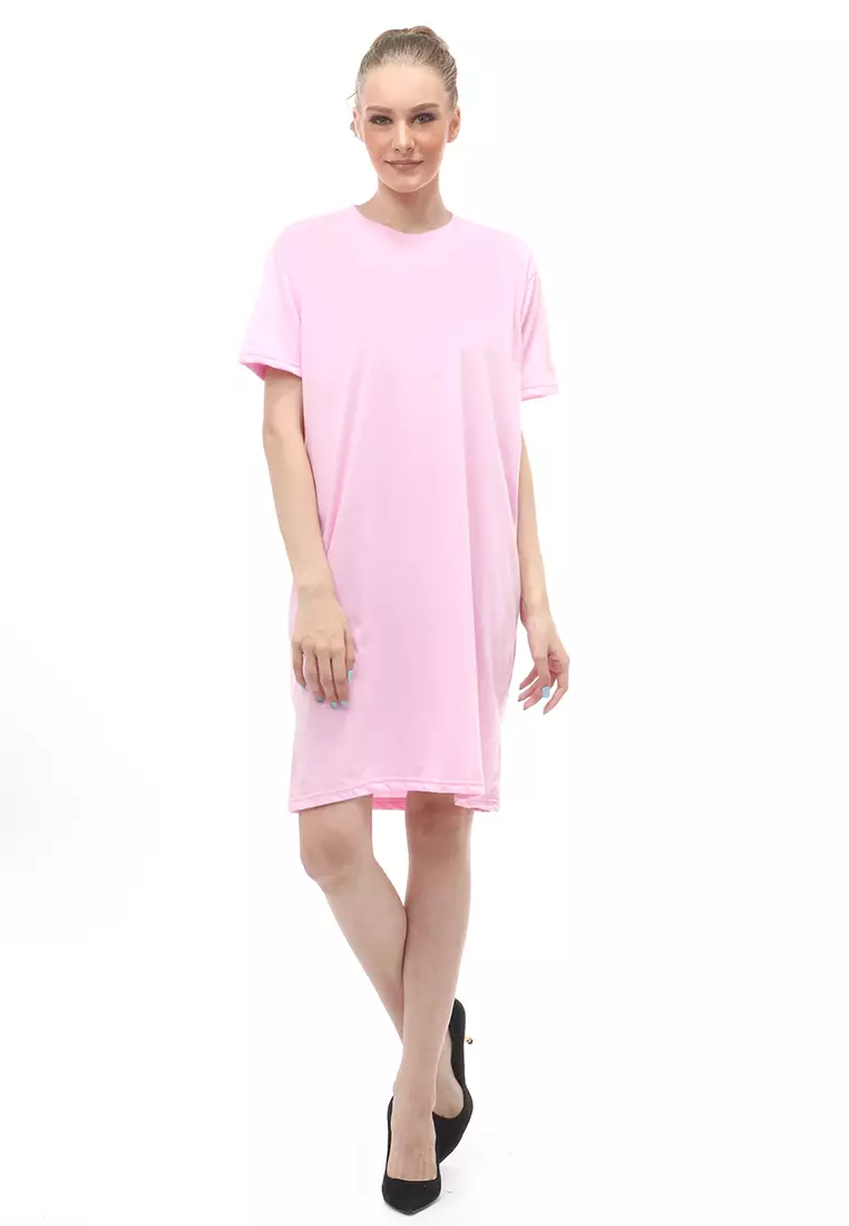 Finch Midi Dress Wanita Short Sleeves Motif Polos - Pink