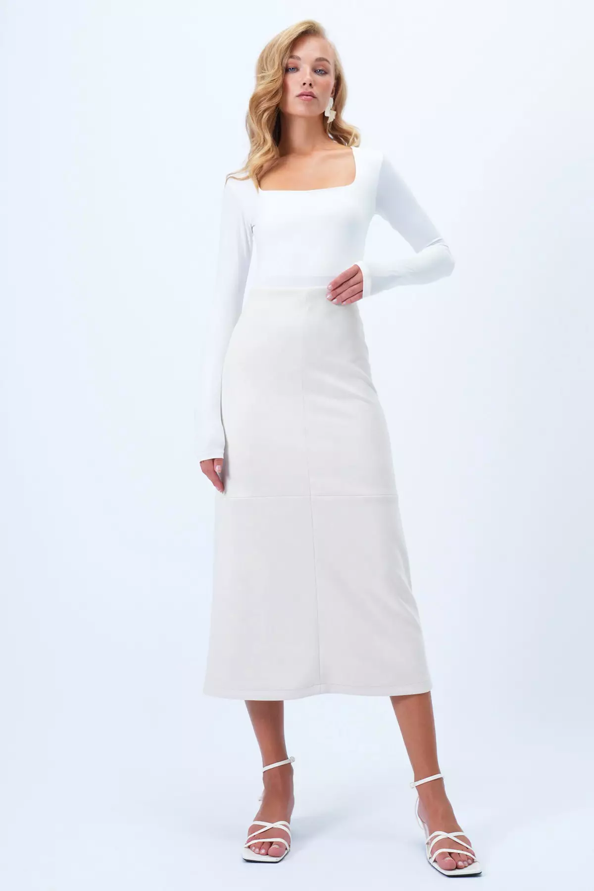 Women's Ecru Hidden Zippered Stitching Detailed Faux Suede Maxi Skirt Alc-X14407