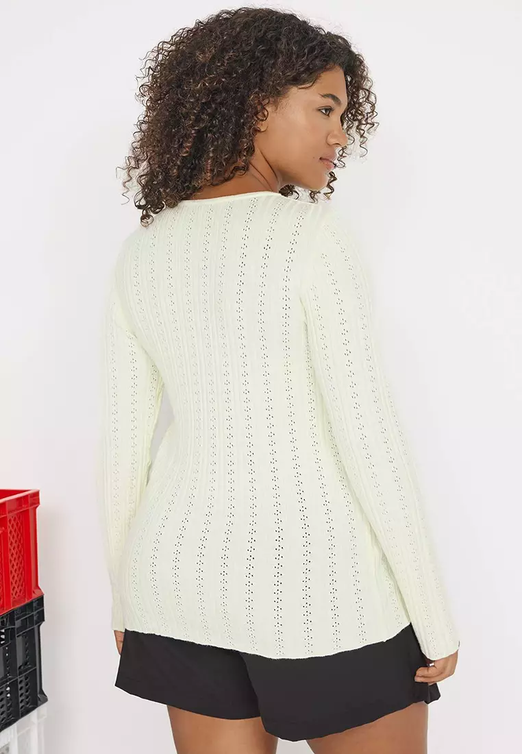 Teen Ecru Ribbon/Bow Closure Openwork/Hole Knitwear Blouse