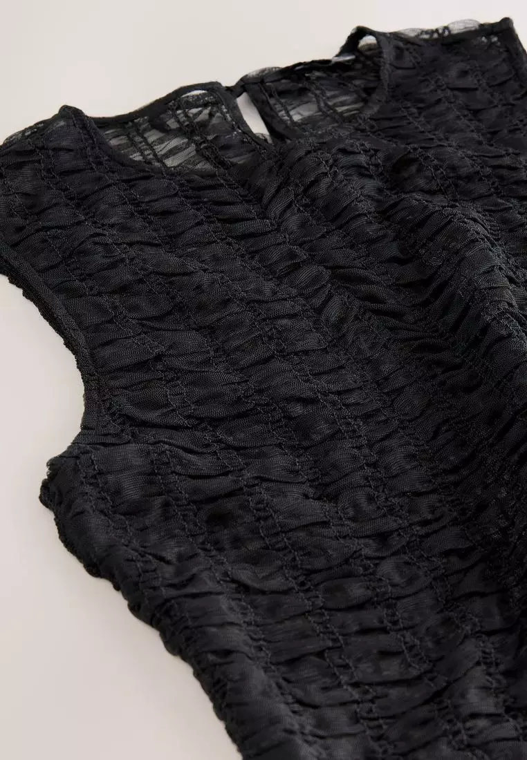Shirred Mesh Sleeveless Crew Neck Top