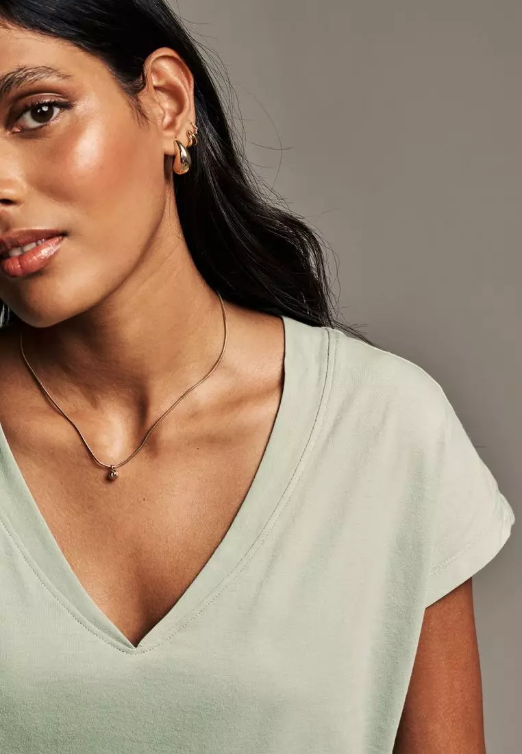 V-Neck 100% Cotton Rich Cap Sleeve T-Shirt