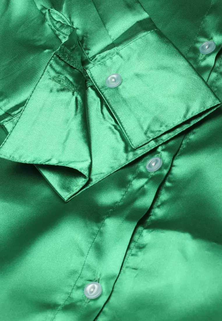 Green Long Sleeve Satin Shirt Blouse
