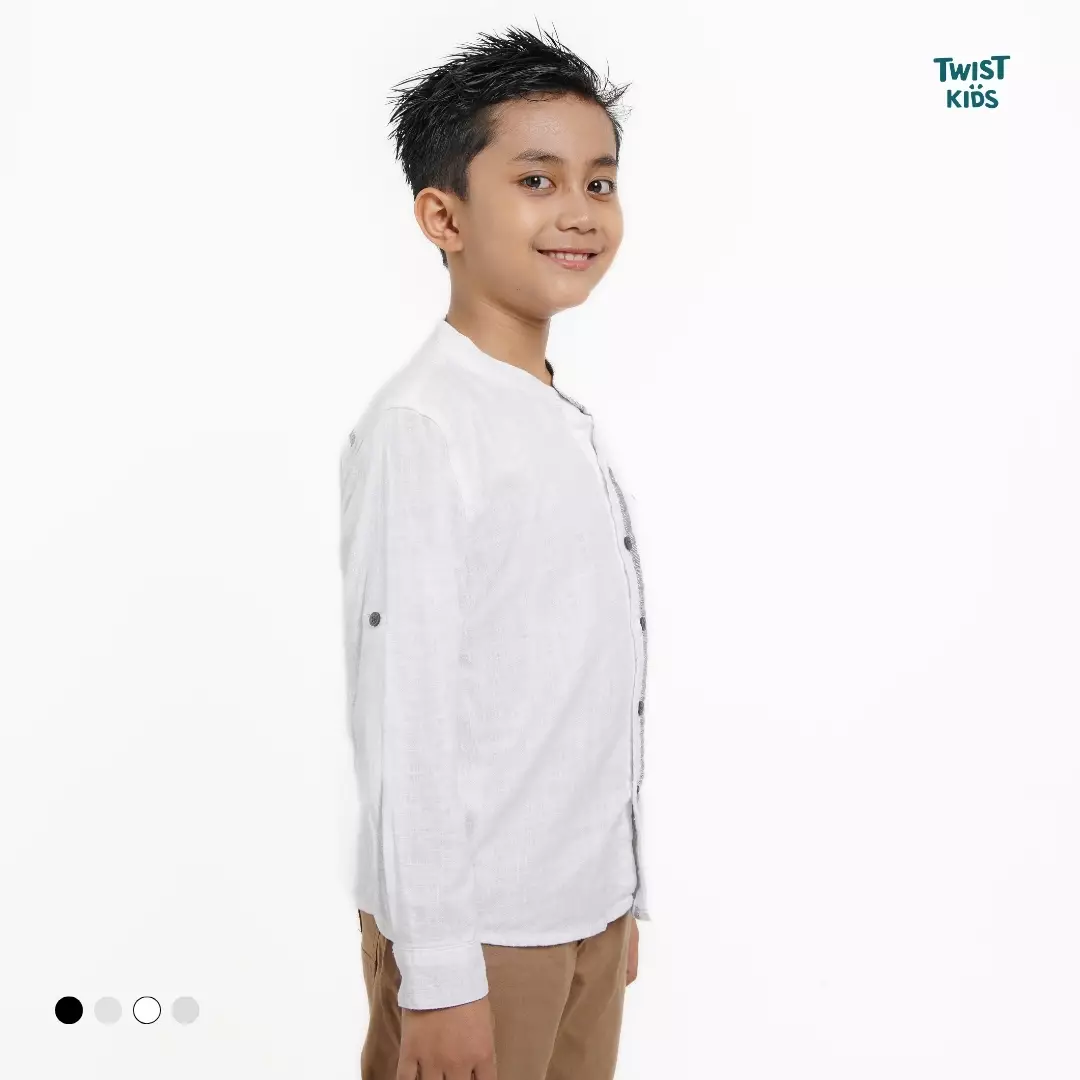 Twist Kids [Official Store] - Zaki C, Baju Lebaran Anak Laki-Laki 2025, Baju Muslim/Koko/Kaftan Polos Lengan Panjang Anak Laki-Laki (usia 4-14 tahun) Warna Putih (White)