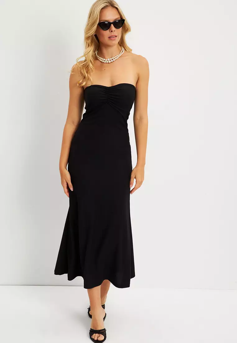 Strapless Ruched Midi Dress