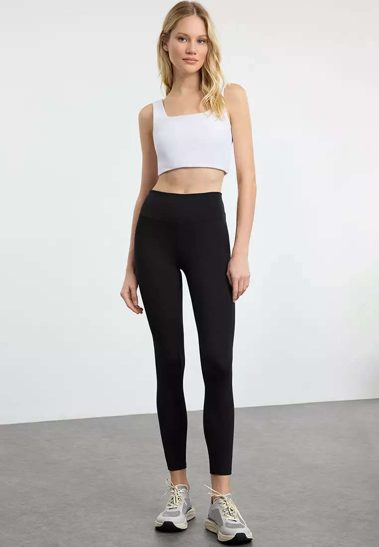 Black Soft Brushed Fabric Reflective Print Detailed Full Length Knitted Sports Tights THMAW25TY00020