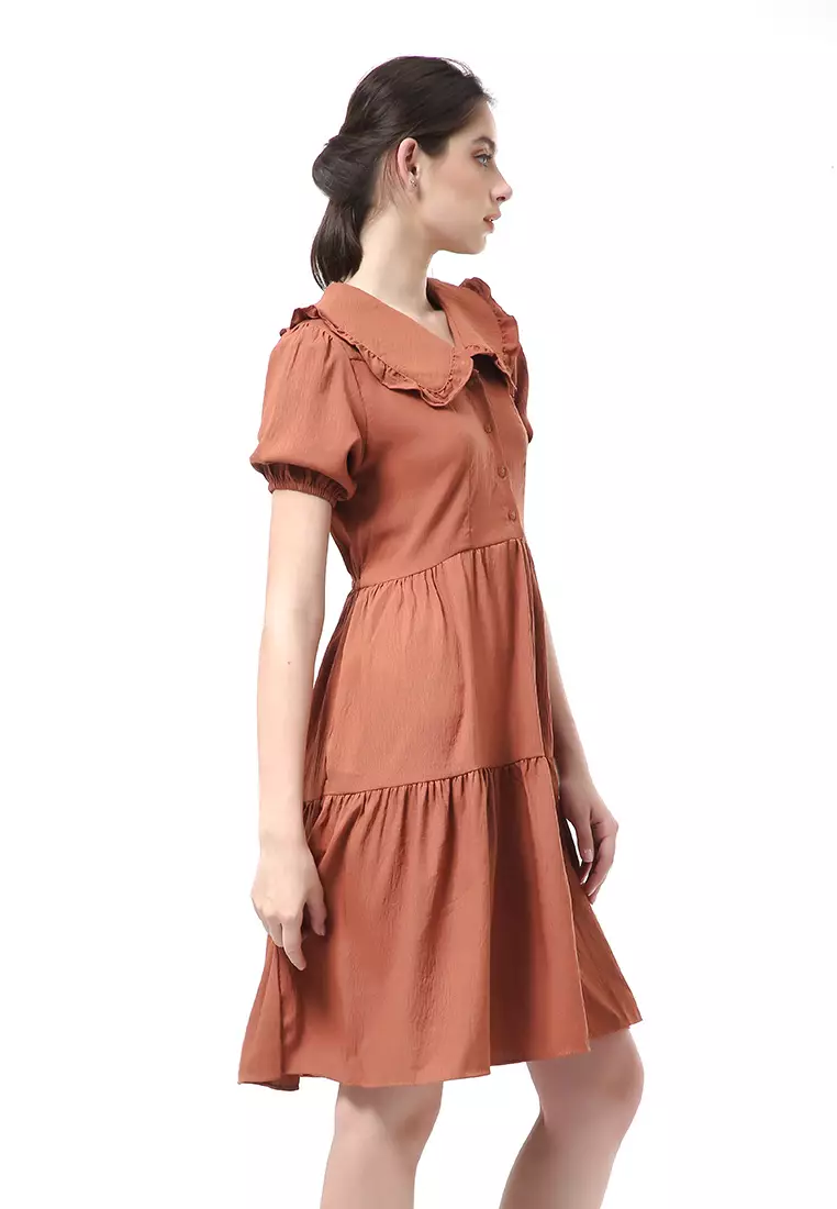 Rachel Dress Rample Wanita Collar Vintage Button Layer Trap Lengan Pendek Material Cey Flow ORIGINAL - Bata
