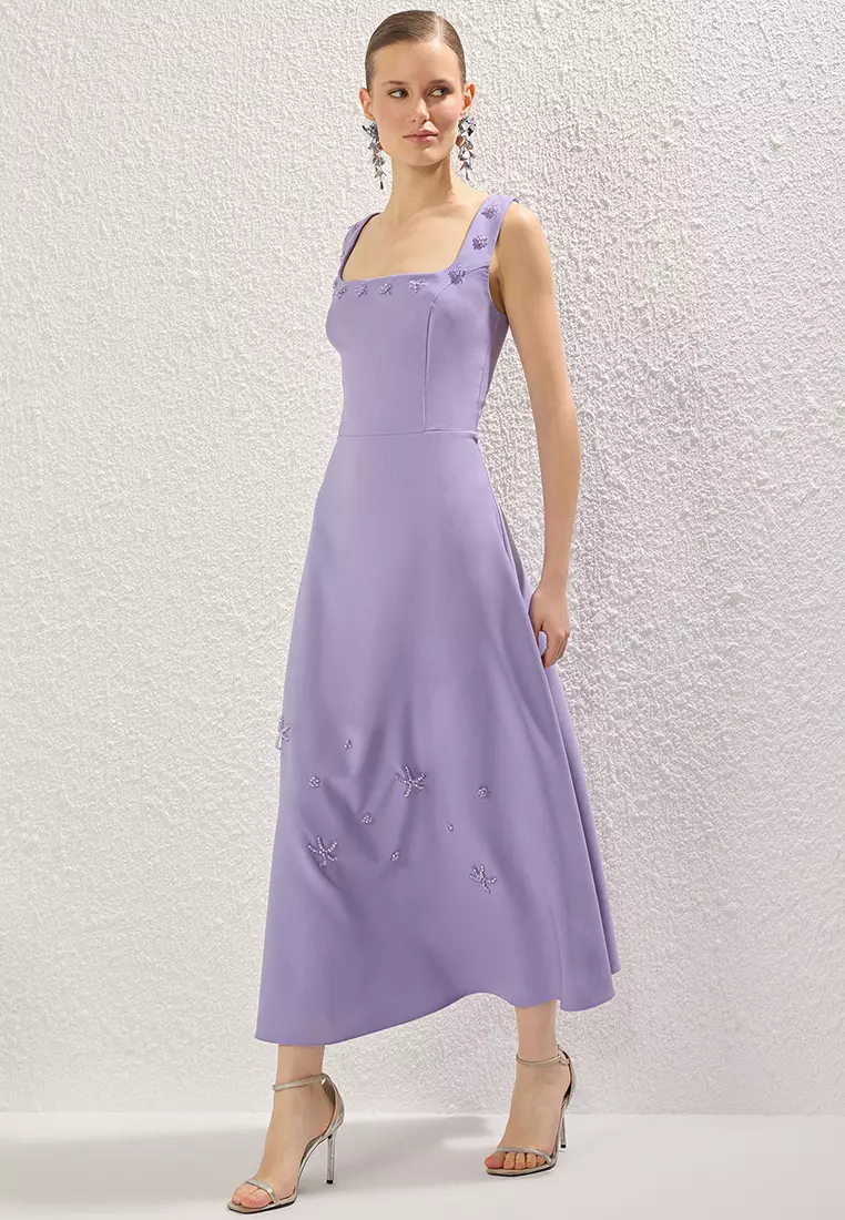 Lilac A-Cut Stone Accessory Detailed Woven Midi Chic Evening Night Graduation Dress TPRSS25EL00173