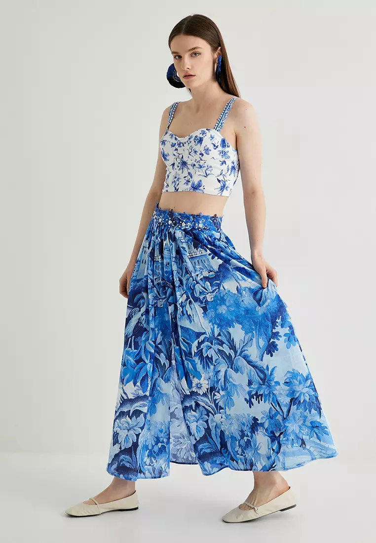Long Linen Skirt Pleated Floral Pattern Slit and Comfortable Fit