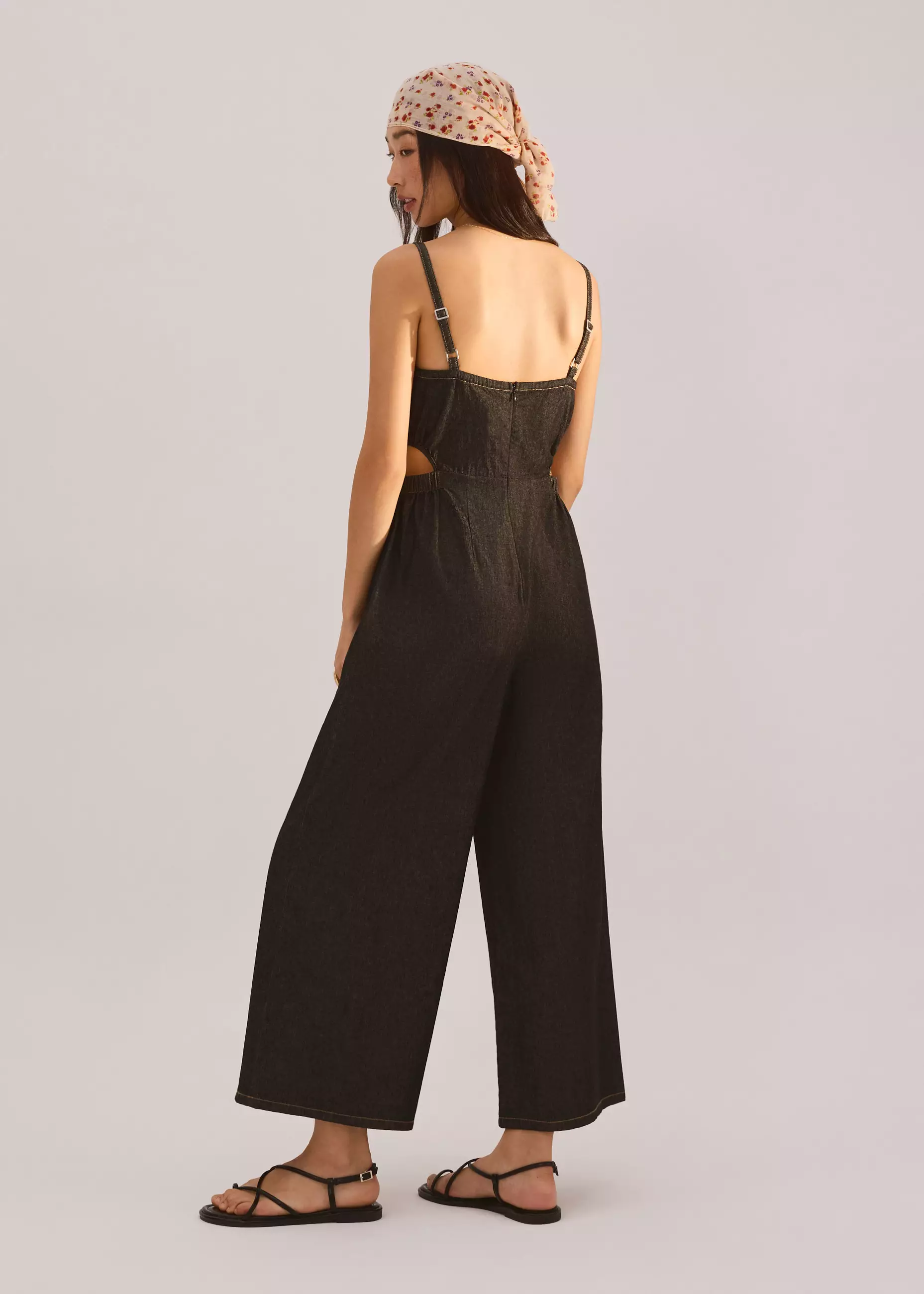 Jumpsuit Wanita - Denim Cut Out Straight Neck Jumpsuit