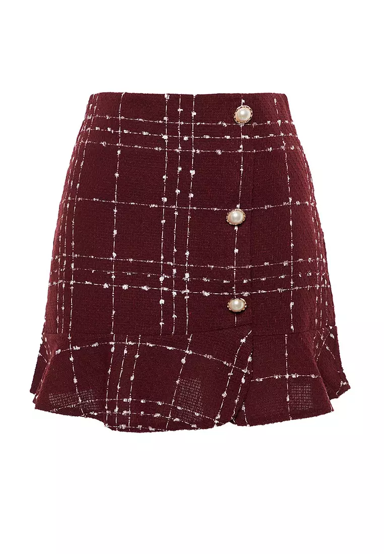 Claret Red With Buttons And Tweed Fabric Hem With Ruffles, Mini Woven Skirt Twoaw22Et0155