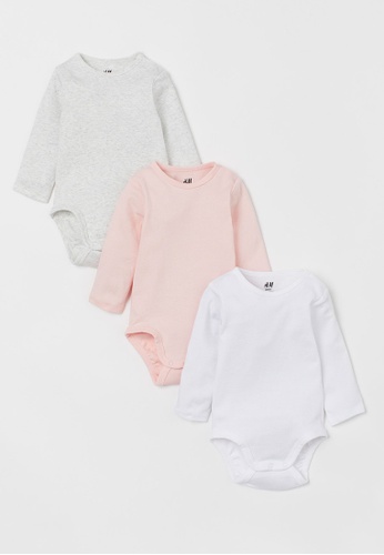 H&M grey and white and pink 3-Pack Long-Sleeved Bodysuits 9FC8EKA855EEFDGS_1