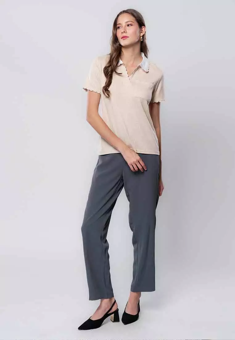 Ysabel Collared Knit Top with Scallop Trimming and Chest Pocket