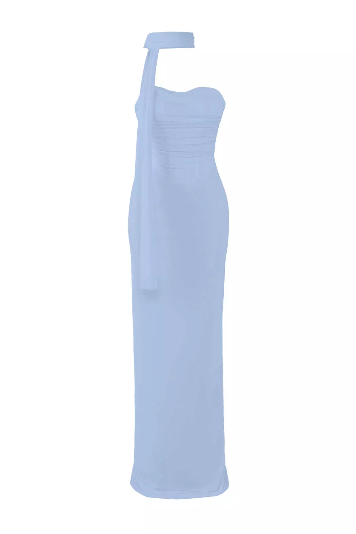 Light Blue Tulle Knitted Maxi Evening Dress With Scarf Evening Homecoming Dress
