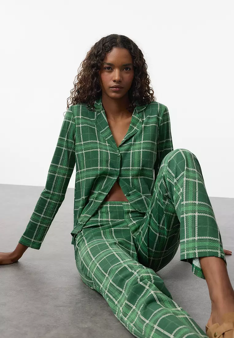 Green 100% Cotton Plaid Knitted Pajama Set