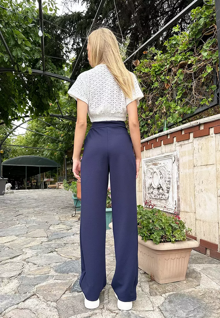 High Waist Double Pocket Pleated Velcro Closure Palazzo Trousers