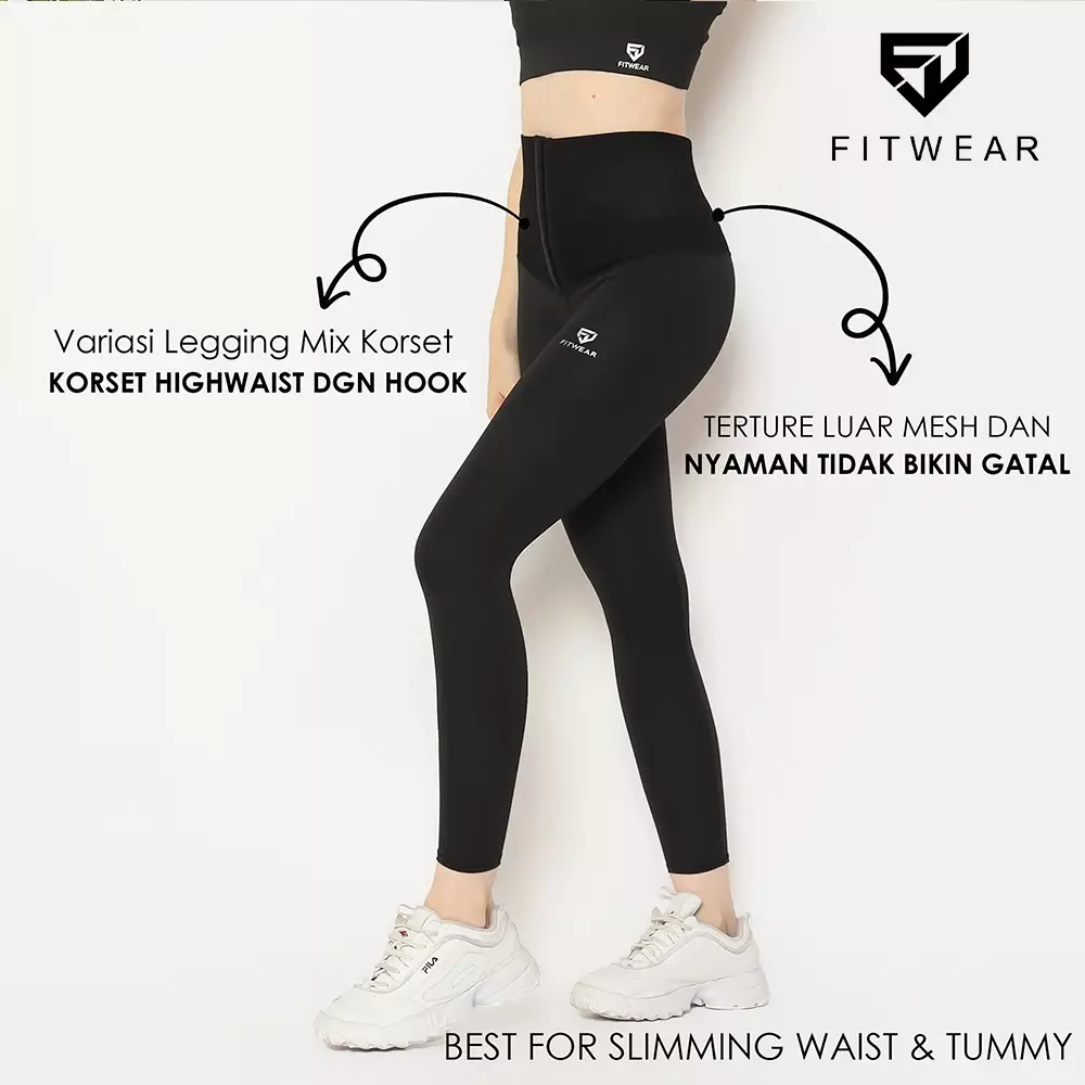 Fitwear - Legging Plus Corset Olahraga Wanita FELICITY SLIM CONTROL - BLACK PLAIN WAIST