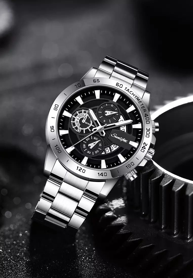 Jam Tangan Pria SL3321 Quartz Kalender Bercahaya Olahraga Tali Stainless Steel Jam Tangan Cowok silverblack