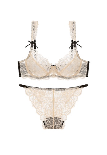 ZITIQUE beige Women's French Style 3/4 Ultra-thin Cup Lace Lingerie Set (Bra and Underwear) - Beige 3D1DCUSFEB8F85GS_1