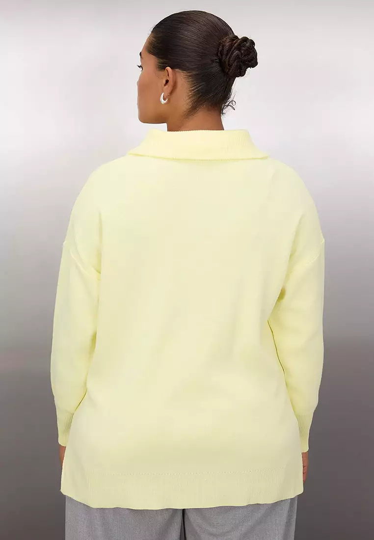 Yellow Turn-Down Collar Zipper Knitwear Sweater Tbbaw26An00015