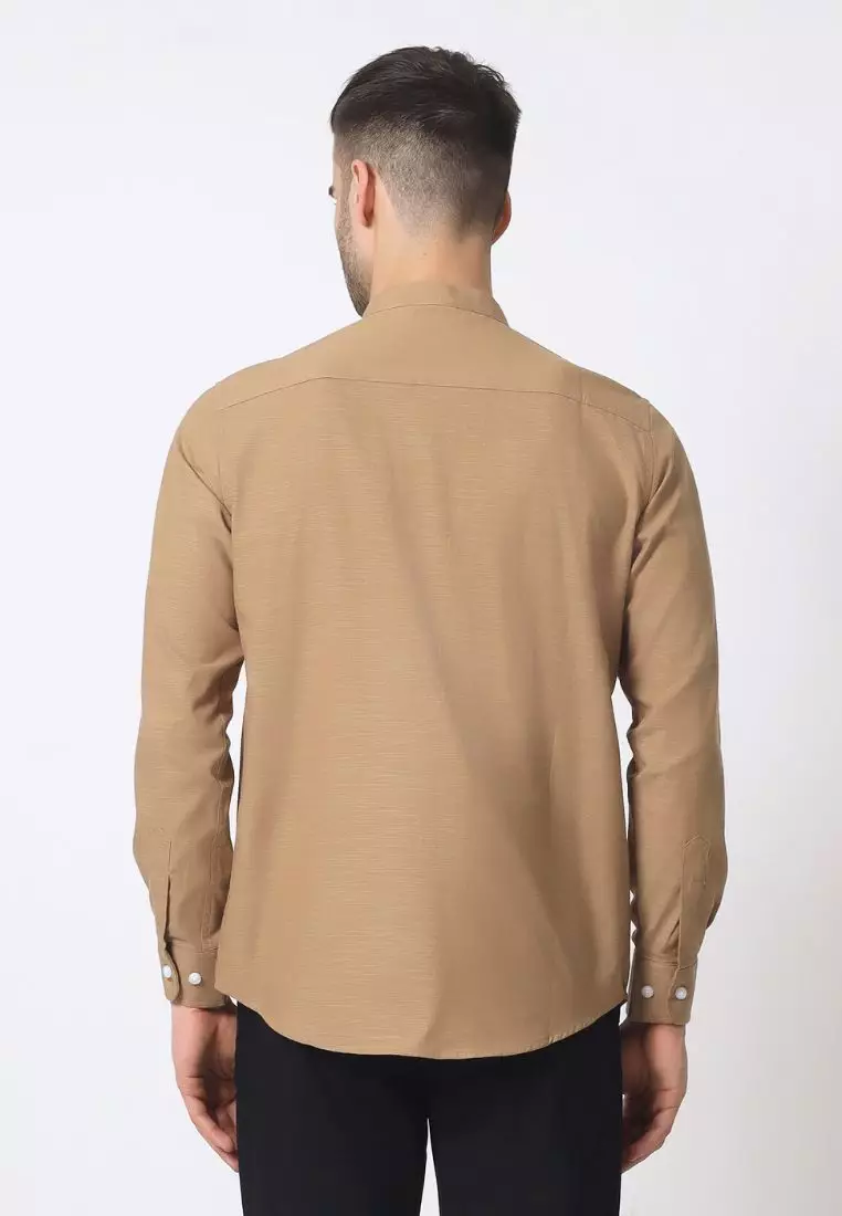Cotton Well Moeen Shirt Brown | Kemeja Koko Oxford Slub Lengan Lengan Panjang Coklat