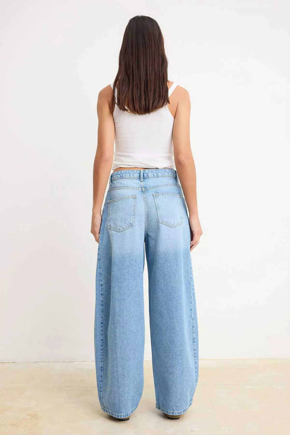 Light Blue Draped High Waist Baggy Jeans With Stitching Detail Twoss26Je8