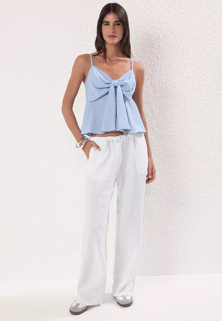 Light Blue Linen Look Bow Detail Woven Blouse with Straps TWOSS25BZ00249