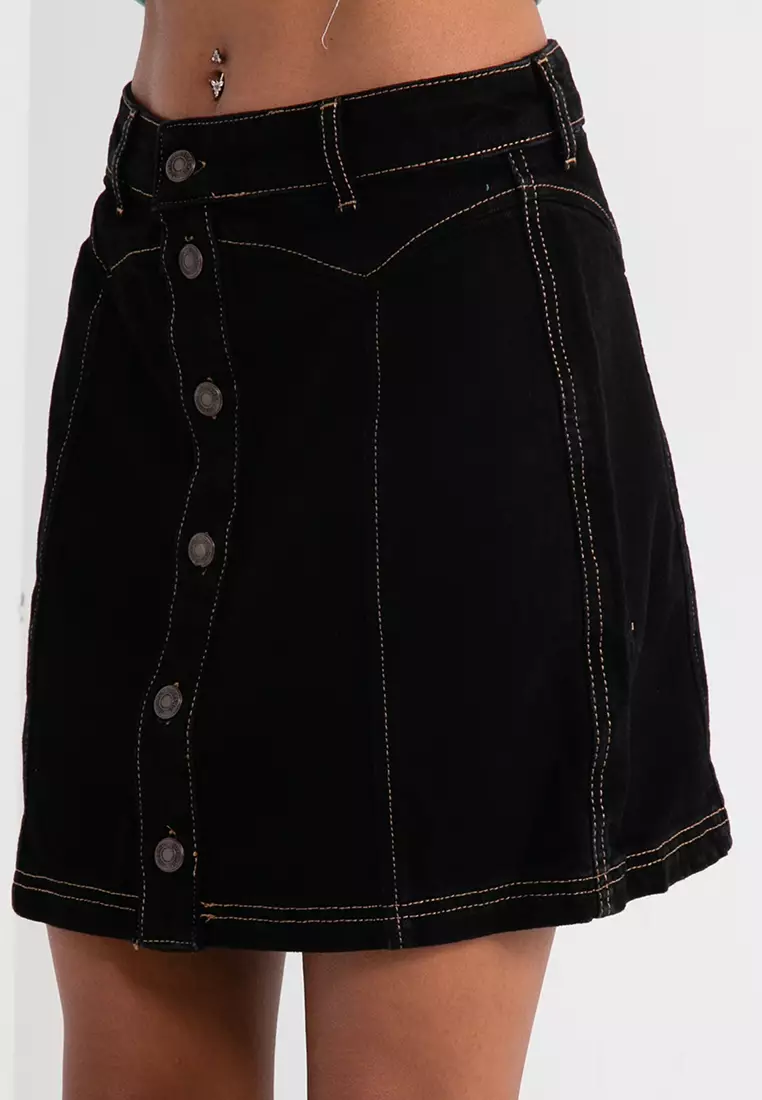 Black denim skirt buttons hot sale