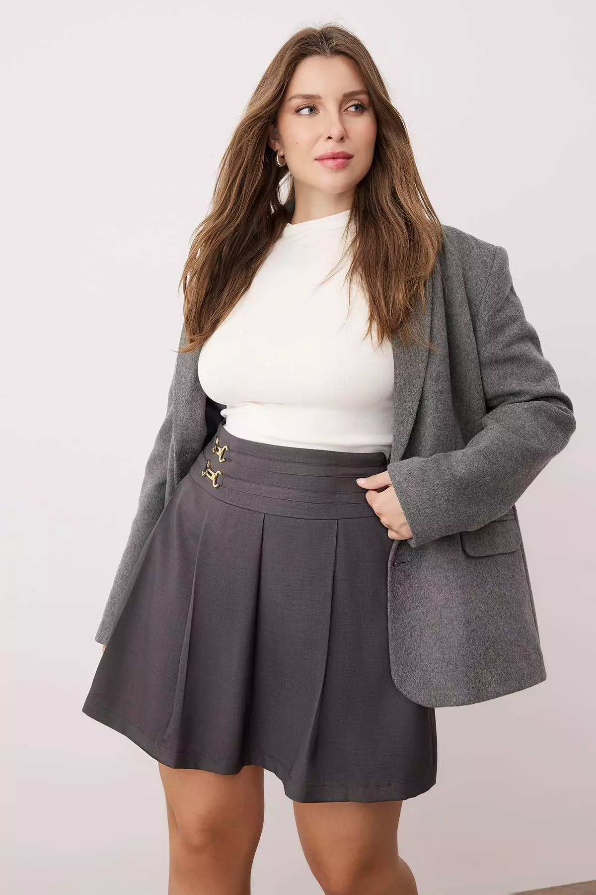 Anthracite Accessory Pleated Mini Woven Plus Size Skirt