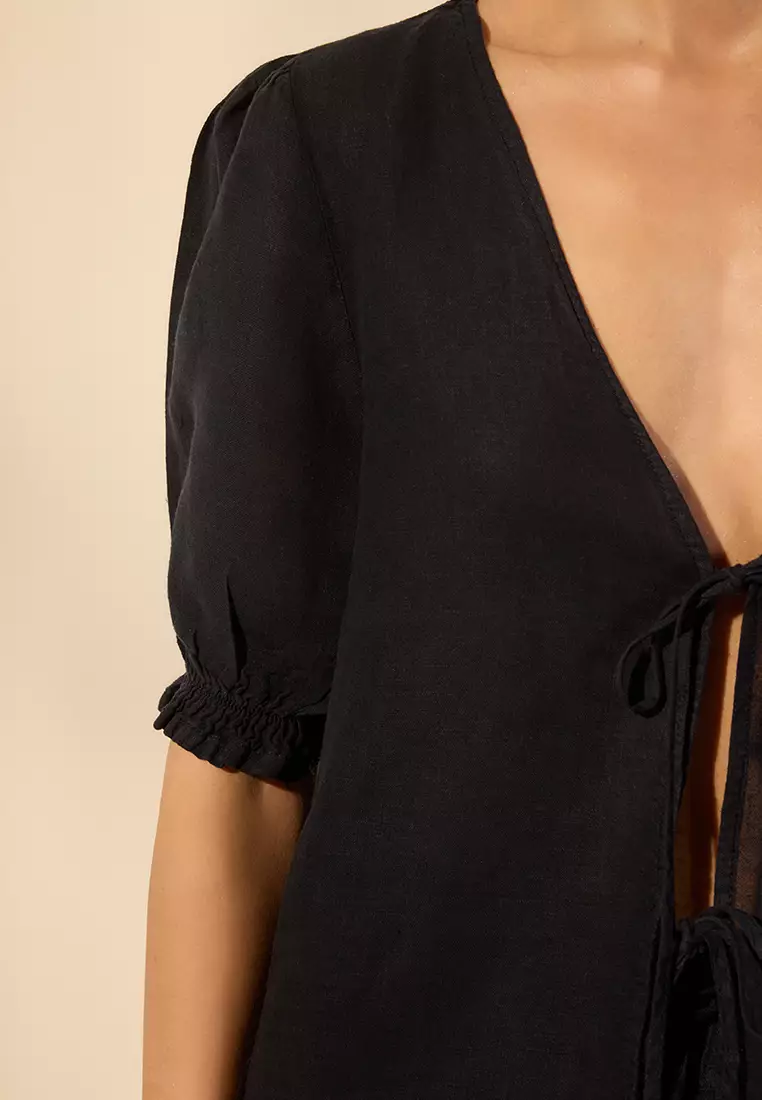 Navy Blue 100% Linen Binding Detailed Shirt TWOSS25GO00123