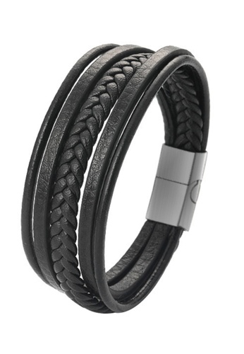 CUFF IT black Multi Layer Black Braided Leather Magnetic Clasp Stainless Steel Bracelet 934B4ACBCFC21FGS_1