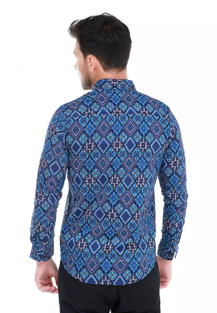 Dwan Kemeja Batik Pria Permata Atasan Formal Longsleeve Shirt Material Cotton ORIGINAL - Blue